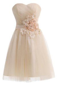 Glittering Champagne Tulle Lace Up Homecoming Dress Sleeveless Knee Length Beading and Hand Made Flower