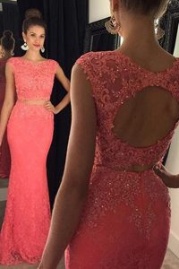 Mermaid Lace Watermelon Red Prom Party Dress Prom and For with Beading and Appliques Bateau Sleeveless Sweep Train Backl