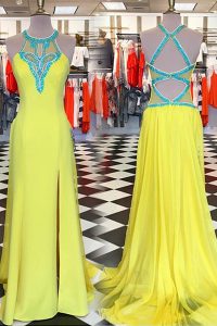 Scoop Yellow Sleeveless With Train Beading Backless