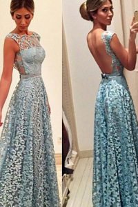 Lace Floor Length Turquoise Red Carpet Gowns Bateau Sleeveless Backless