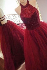 Comfortable Halter Top Burgundy A-line Beading Prom Party Dress Backless Tulle Sleeveless With Train