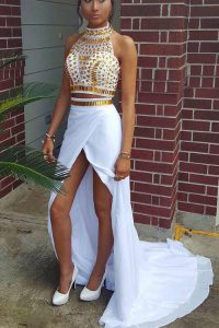 Beading Prom Party Dress White Zipper Sleeveless With Train Sweep Train