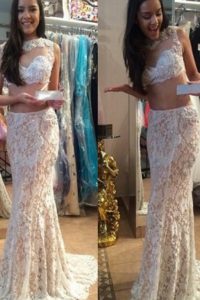 Pretty Mermaid Scoop Lace Beading Prom Evening Gown White Zipper Sleeveless With Brush Train
