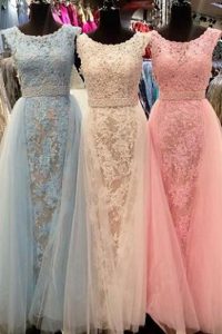 Trendy Scoop Tulle Sleeveless With Train Prom Gown Sweep Train and Beading and Lace
