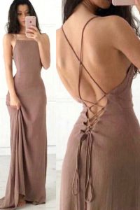 Sleeveless Elastic Woven Satin With Train Sweep Train Criss Cross Evening Dress in Brown with Ruching