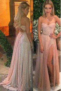Beading and Appliques Prom Dresses Pink Backless Sleeveless Sweep Train