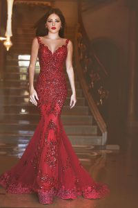 Smart Mermaid Sequins Red Sleeveless Tulle Sweep Train Backless Dress for Prom for Prom