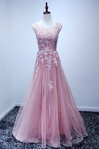 Cute Scoop Floor Length Pink Evening Gowns Tulle Sleeveless Appliques