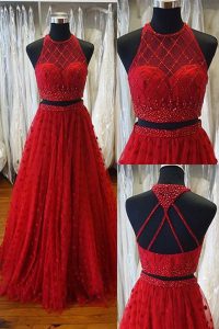 Scoop Backless Evening Dress Red for Prom and Party with Beading and Appliques Sweep Train