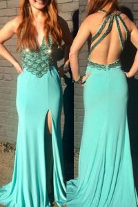 Turquoise Chiffon Backless Homecoming Dress Sleeveless With Train Sweep Train Beading