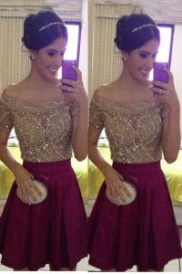 On Sale Off the Shoulder Burgundy Sleeveless Beading Mini Length Prom Gown