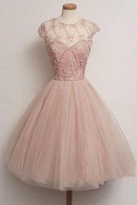Pink Tulle Zipper Scoop Cap Sleeves Knee Length Dress for Prom Appliques