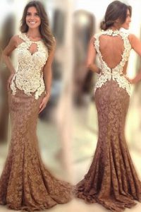 Flare Scoop Brown Mermaid Appliques Homecoming Dress Backless Lace Sleeveless