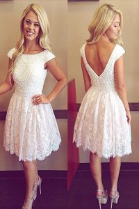 Fitting Scoop Lace Cap Sleeves Knee Length Prom Party Dress and Lace