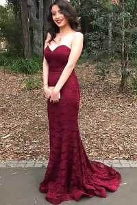 Pretty Burgundy Mermaid Lace Prom Party Dress Lace Up Lace Sleeveless