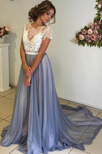 Grey Scoop Backless Lace and Bowknot Prom Dress Court Train Cap Sleeves