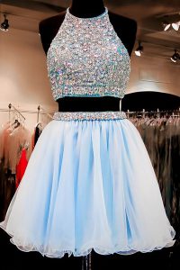 Fabulous Halter Top Light Blue Sleeveless Chiffon Backless Dress for Prom for Prom and Party