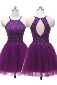 Artistic Scoop Purple Sleeveless Mini Length Sequins Zipper Homecoming Dress
