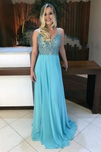 Sleeveless With Train Beading Backless Celeb Inspired Gowns with Baby Blue Sweep Train