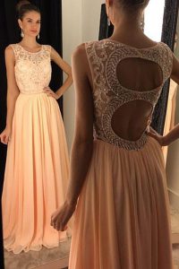 Custom Fit Scoop Sleeveless Floor Length Beading and Lace Backless Homecoming Dress with Peach