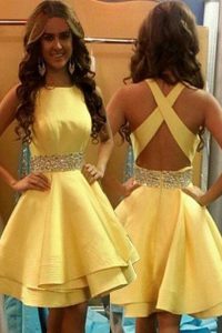 High End Scoop Knee Length Criss Cross Going Out Dresses Yellow for Prom and Party with Beading
