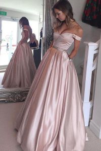 Fitting Off the Shoulder Pink Short Sleeves Satin Zipper Homecoming Dress for Prom