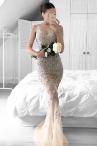 Mermaid Champagne Tulle Sweep Train Sleeveless Beading and Lace
