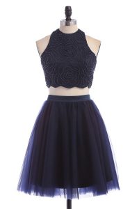 Colorful Navy Blue A-line Tulle Halter Top Sleeveless Appliques Knee Length Zipper Prom Gown