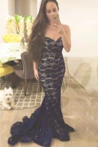 Adorable Mermaid Navy Blue Zipper Homecoming Dress Lace Sleeveless With Train Sweep Train