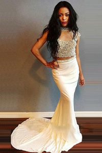 Inexpensive Mermaid White Prom Dress Prom and For with Beading Scoop Cap Sleeves Sweep Train Zipper
