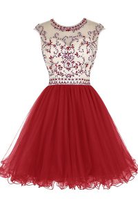 Shining Scoop Beading Prom Evening Gown Wine Red Zipper Cap Sleeves Mini Length