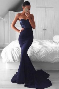 On Sale Mermaid Navy Blue Sleeveless With Train Sequins Zipper Prom Gown
