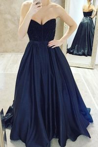 Sophisticated Sleeveless Satin Sweep Train Zipper Evening Dress in Navy Blue with Belt