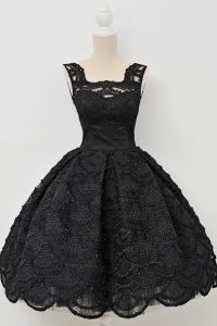 High Class Square Sleeveless Dress for Prom Knee Length Lace Black Lace