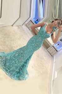 Fantastic Mermaid Turquoise Tulle Zipper Straps Sleeveless With Train Sweep Train Appliques