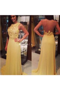 Nice Yellow Backless Scoop Lace Dress for Prom Chiffon and Tulle Sleeveless