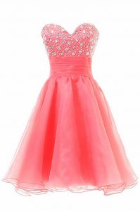 Elegant Watermelon Red A-line Beading Prom Gown Zipper Chiffon Sleeveless Knee Length