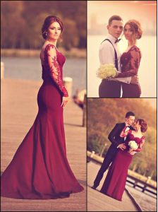 Noble Burgundy Sweetheart Zipper Lace and Appliques Prom Dresses Court Train Long Sleeves