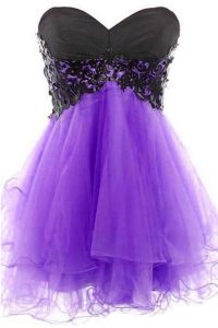 High Quality Lavender Sleeveless Mini Length Appliques Lace Up Cocktail Dresses