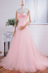 With Train Zipper Homecoming Dress Pink for Prom and Party with Beading and Ruching Sweep Train