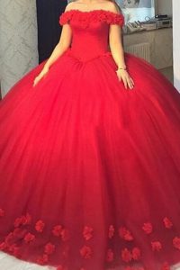 Affordable Off the Shoulder Short Sleeves Hand Made Flower Lace Up Prom Dress