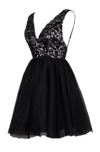 Spectacular Black Sleeveless Knee Length Sequins Backless Prom Evening Gown