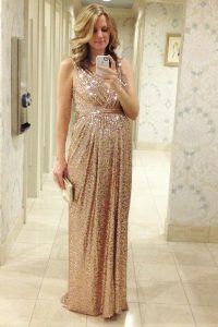 V-neck Sleeveless Mother Of The Bride Dress Floor Length Pleated Pink Sequined