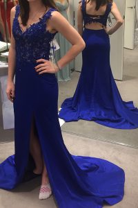 V-neck Sleeveless Dress for Prom Sweep Train Beading and Appliques Royal Blue Satin