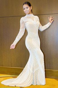 Mermaid Long Sleeves Beading Backless Prom Dresses with White Sweep Train