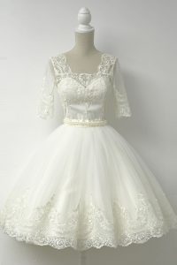White Tulle Zipper Prom Dresses Half Sleeves Knee Length Lace