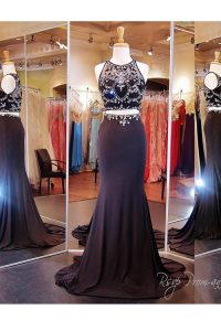 With Train Black Prom Evening Gown Scoop Sleeveless Brush Train Zipper