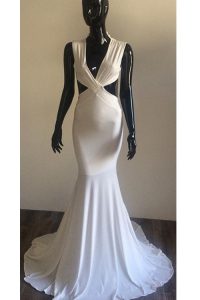 Extravagant Mermaid Ruching Dress for Prom White Backless Sleeveless With Brush Train