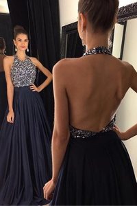 High Class Halter Top With Train A-line Sleeveless Black Prom Evening Gown Sweep Train Backless