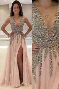 With Train Backless Red Carpet Prom Dress Champagne for Prom with Beading Brush Train